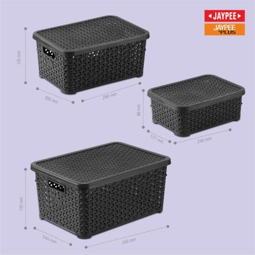 Image of Jaypee Plus Keep all 3 Plastic Storage Basket Organizers With Lid For Kitchen,Fridge, Office Wardrobe, Stationery, Household, Toys & Multipurpose use Pack of 3 Durable Box, Black