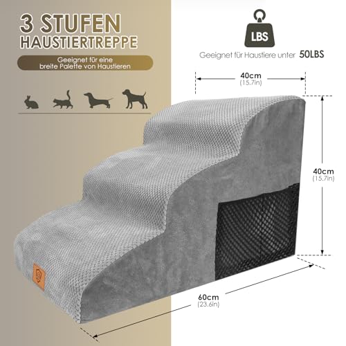 Thihome Hundetreppe für Kleine Hunde, Wasserdicht 3 Stufen Haustiertreppe aus Hochdichtem Schwamm, Abnehmbar Hunderampe mit Waschbar Bezug für Sofa Bett, Grau