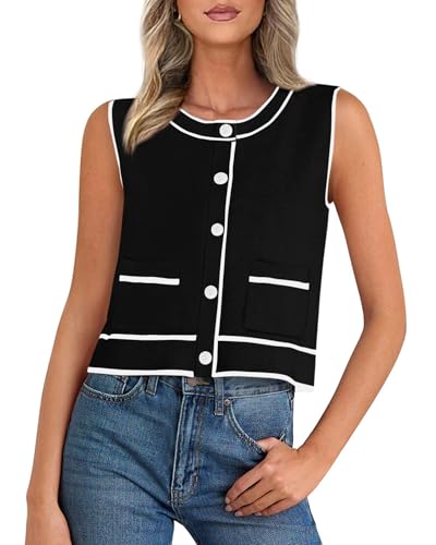 PRETTYGARDEN Vest For Women 2025 Summer Casual Button Down Color Block Sweater Vest Ribbed Knit Tank Tops With Pockets