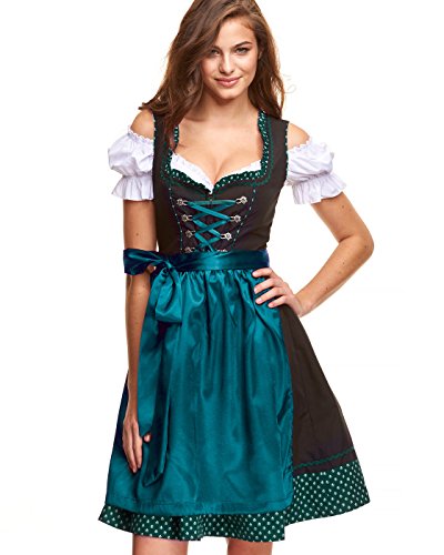 Adelstrachten Dirndl Damen Midi Set 3 teilig mit Bluse und Schürze I Trachtenkleid Damen 3 TLG in Schwarz Kombination von Gr 34 bis 46 KF101 (Grün, 36)