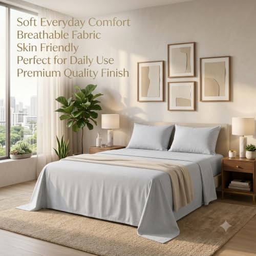 Image of Cotton Double Bedsheet with 2 Pillow Covers | 100% Pure Cotton | 300 Thread Count | Soft & Breathable |90x100 inch - Off White Linen Texture