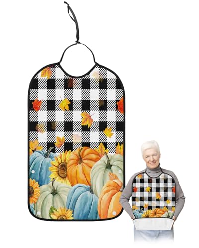 LEOKOTI Orange Blue Teal Pumpkins Fall Adult Bibs for Eating, Waterproof Bibs with Food Catcher & Snap Closure, Thanksgiving Maple Leaf Black Plaid Washable Clothing Protectors Adult Bibs for Elderly