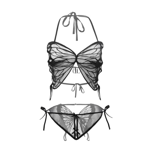 IPENNY Women’s Lingerie Set Bra and Panty Set Soft Mesh Lace with Adjustable Strappy Butterfly Shape Underwear Set Black