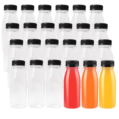 24 Pack 200ml Clear Plastic Juice Bottles with Black Lids Reusable Leak-Proof Empty Bottles for Smoothie Milk Homemade Drinks - Tamper Evident Sensory Containers