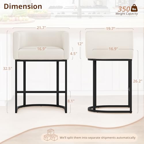 Image of LUE BONA Counter Height Bar Stools Set of 6, Modern Barrel Counter Stools with Backrest and Arms, Black Metal Frames, Linen Fabric Upholstered Accent Barstools for Kitchen Island, Beige