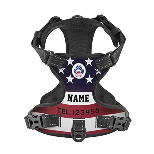 Custom No Pull Dog Harness, Personalized American Flag Dog Paw Dog Vest with Pet Name Phone Number, Customized Adjustable Reflective Pet Harness for Large Medium and Small Dogs Cats Outdoor Walking