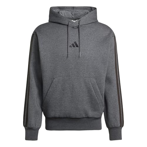 Adidas Homme Essential Three Stripes Fleece Hoodie, Dark Grey Heather/Black, M