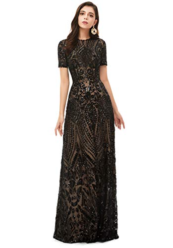 Women's Short Sleeves Sequins A-Line Formal Evening Dress2