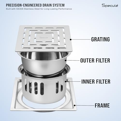 Image of Silver Exclusive Garnet Floor Drainer | 304-Grade Stainless Steel | 5x5 inch Anti-Rust & Anti-Crack Floor Drain with Brushed Finish | Stain Resistant Silver Bathroom /Kitchen Drain Cover