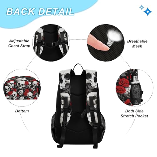 Backpack Red Rose Skulls Book Bag Daypack Shoulder Bag Lightweight Back Pack with Lunch Box Travel Laptop Daypack 18.5 x 11.8 In3