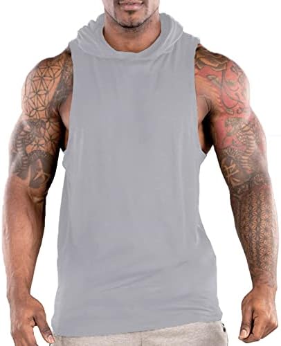 FLLSGT Men's Running Tank Top with Hood Basketball Gym Cut Off Hoodie Workout Sleeveless Muscle Shirt(Grey XX-Large)