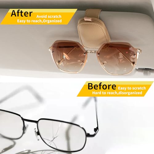Image of Yuoyar 2 Packs Sunglasses Holders for Car Visor - Magnetic Leather Sunglasses Holder and Ticket Card Clip - Car Visor Accessories (Beige)
