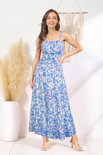 GRACE KARIN Womens 2025 Summer Maxi Dress Sleeveless Floral Spaghetti Strap Smocked Boho Beach Long Dress with Pockets - Image 4