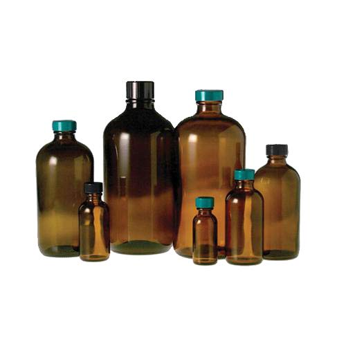Qorpak GLC-01939 Boston Round Bottle with 22-400 Black Phenolic Pulp/Vinyl Lined Cap, 120 mL, Amber (Pack of 24)