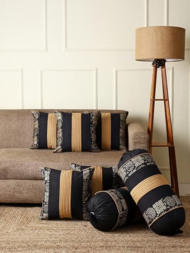 Image of Gifts Island Combo Silk Traditional Striped & Rajasthani Warli Golden Hand Printed Pillow Cushion Covers 16x16 inches Set of 5 & Round Pillow Bolster Covers Set of 2 16x32 inches (Black)