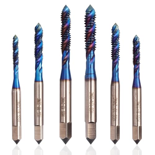 Mesee 6 Pièces Tarauds à Vis Cannelés Spirale en HSS, Tarauds à Goujure Hélicoïdale Outil de Taraudage de Filetage Américain en Acier Rapide Bleu Enduit Foret Taraudage pour Machine