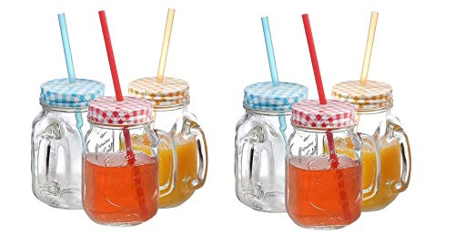 Massive Reckon® Glass Store (Mason Jar with Straw Random Colour Lid) Mason Canning Jar Mugs with Handle, Tin Lid, and Plastic Straws 500 ml