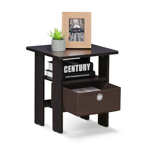 Image of Furinno Andrey Set of 2 End Table / Side Table / Night Stand / Bedside Table with Bin Drawer, Dark Walnut | Open Shelf and Storage Bin, Modern Night Stand, Bedside Table, for Living Room, Bedroom