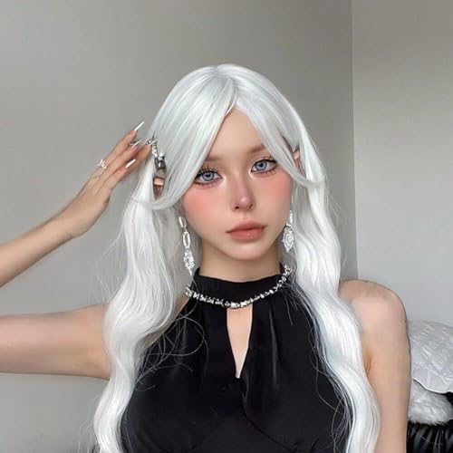 Perruque synthétique longue ondulée blanche pour cosplay et fête d'Halloween