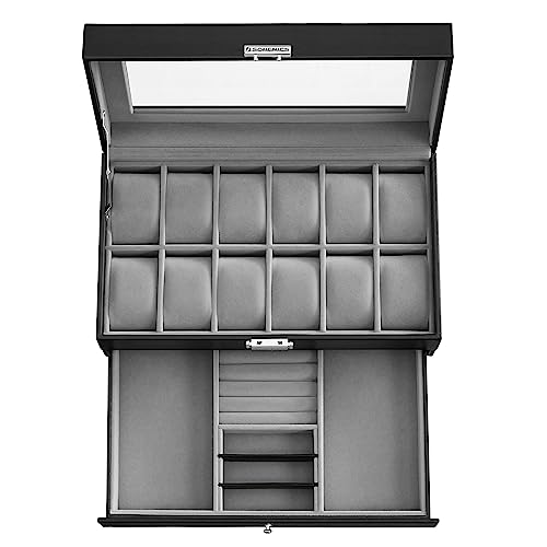 Songmics 12-Slot Watch Box, Lockable Watch Case With Glass Lid, 2 Layers, With 1 Drawer For Rings, Bracelets, Gift Idea, Black Synthetic Leather, Gray Lining Ujwb012 #TOP7