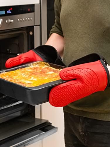 MasterClass Oven Gloves, Heat Resistant, Silicone and Cotton, Double Sided, Black/Red
