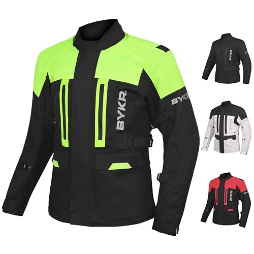 BYKR Adventure Touring Motorcycle Jacket For Men & Women Enduro Biker Textile Riding Gear CE Armored (Fluorescent Green - L)