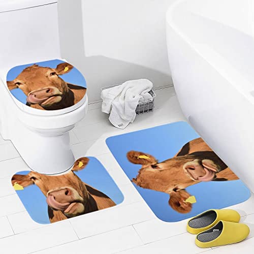 3 Teilig Badematte Set braune Kuh 3D Badematten Set rutschfest, Badezimmerteppich,U-förmiger WC-Vorleger,WC-Deckelbezug…