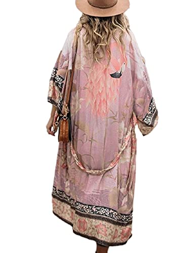 Bsubseach Sexy Beach Coverups Kimonos de Manga Larga Cárdigans de Verano para Mujer Estampado Rosa Traje de baño Cubrirse con cinturón