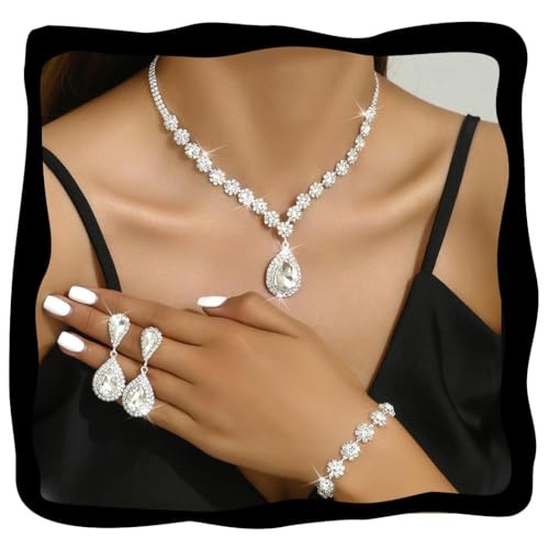 Unicra Silver Wedding Jewelry Set Rhinestone Necklace Earrings Bracelet Sets Prom Formal Costume Jewelry for Women and Brides (Silver)