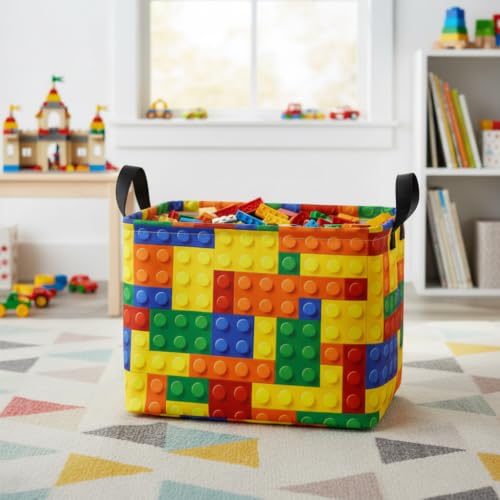 Image of Colorful Building Blocks Print Storage Basket, Waterproof Lining Organizer Bins, Leather Handles, Collapsible for Kids Toys, Clothes, Laundry, Gift Basket