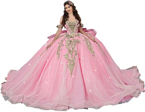 Gold Appliques Quinceanera Dresses with Big Bow Glitter Beaded Ball Gown with Train Puffy XV Dress YU0204