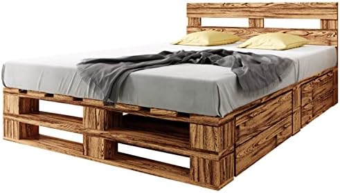 Bild von sunnypillow Palettenbett M2 aus Holz 140 x 200 cm mit Kopfteil und 2 Bettkästen Doppelbett, Familienbett - erhöhtes Ehebett Bettgestell Futonbett Komforthöhe Geflammt Massivholzbett