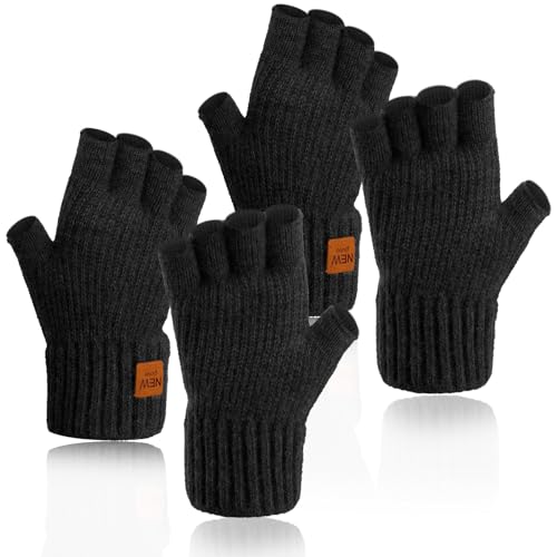 Winter Fingerless Gloves,2 Pairs Black Half Finger Gloves,Keeps Hands Warm in Winter Knitted Soft Lining for Men and Women Warm Half Finger,Knit Thermal for Driving Writing Running Sking Biking