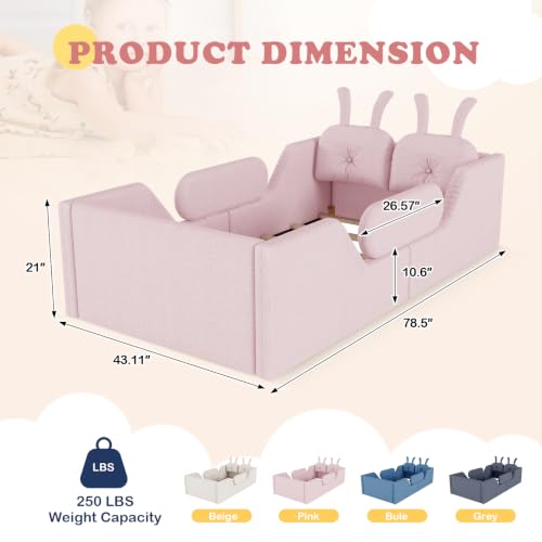 Image of Twin Bed Frame for Kids, Floor Platform Bed Rabbit, Pink