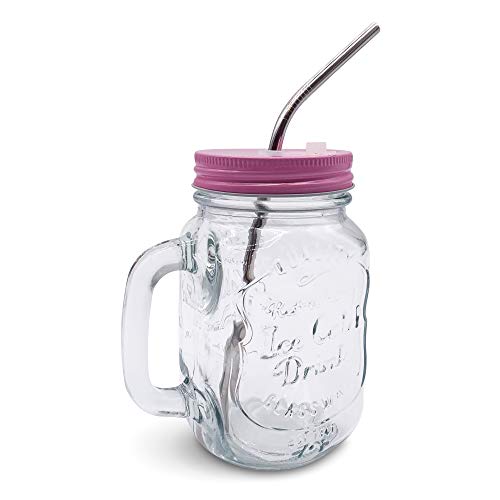 Home Suave Mason Jar Mugs With Handle, Regular Mouth, Colorful Lids With 2 Reusable Stainless Steel Straw, Set Of 2 (Pink), Kitchen Glass 16 Oz Jars,Refreshing Ice Cold Drink & Dishwasher Safe #TOP3