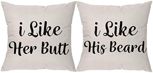 2 Pcs Couple Funny Words Throw Pillow Cover I Like His Beard Throw Pillowcase Set of 2 Decorative Cushion Cover for Lover Home Bed Sofa Car Decorations
