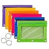 6 Pieces Binder Pencil Pouch with Zipper Pulls 3-Ring with Clear Window Pencil Case with Binder Rings