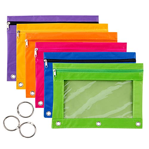 6 Pieces Binder Pencil Pouch with Zipper Pulls 3-Ring with Clear Window Pencil Case with Binder Rings