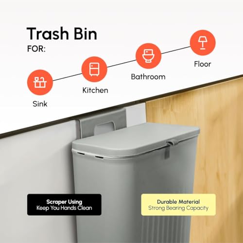Image of Plastic Hanging Trash Can With Lid, Double-Sided Open Design, Cabinet Door Hanging Wall Storage Bucket for Kitchen (9 Litre Grey)