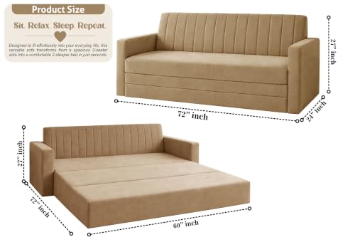 Image of 3-Seater Velvet Sofa Cum Bed with Armrests | Modern Convertible Sleeper Couch | Stylish Sofa Bed for Living Room, Bedroom & Office | Golden