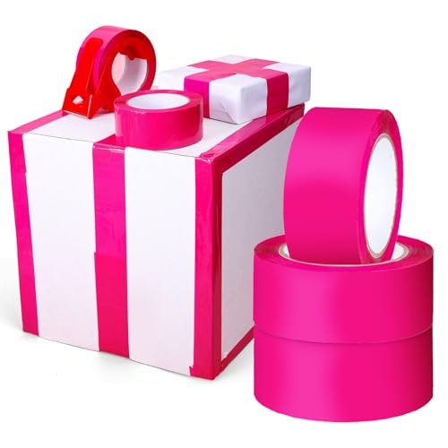 Whaline 3 Rolls 1.89 Inch x 109 Yards Hot Pink Packing Tape with Dispenser Pink Decorative Gift Wrapping Tape Waterproof Shipping Tape for Small Business DIY Crafts Box Carton