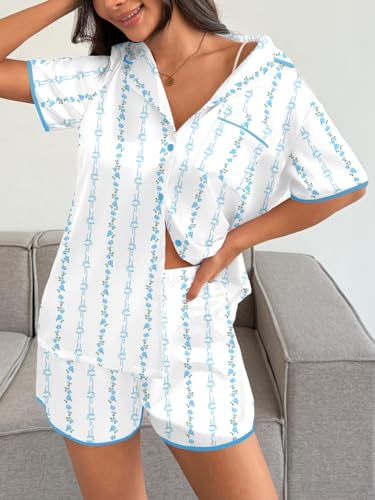 Image of Ekouaer Women's Satin Pajamas Set 2 piece Silky Sleepwear Buttton Down Short Sleeves Top and Shorts Pj Set S-XXL