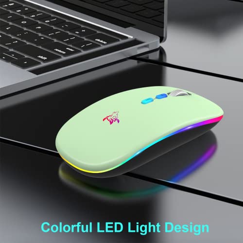 Hotlife Wireless Mouse Led Slim Rechargeable Bluetooth Mouse, Ergonomic Design Noiseless Mouse Portable Optical Mouse Silent Click Cordless Mouse With Usb Receiver And Type C Adapter (Green) #TOP1