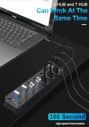 Image of USB Hub 3.0 - 7-Port High-Speed USB Splitter with Individual On /Off Switches, LED Lights, USB Extension for Laptop, PC, Mobile HDD - Plug & Play Data Hub (No Power Adapter)
