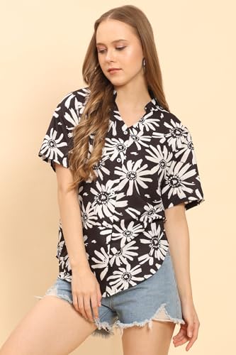 Image of Womens Casual Shirt Soft Beach Shirts Floral Tropic Print V Neck T-Shirt Short Sleeve Button Up Tops