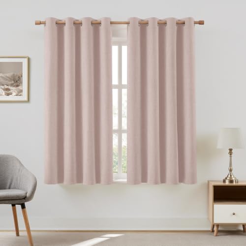 Image of HOMEIDEAS 100% Blackout Blush Pink Linen Curtains 52W x 63L 2 Panels
