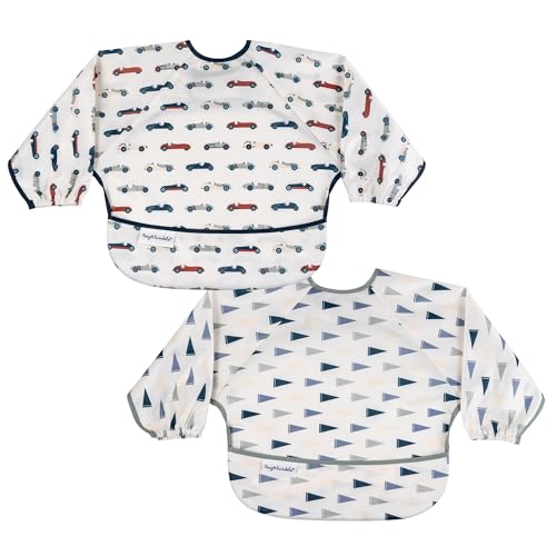 Image of Tiny Twinkle Long Sleeve Bib for Babies & Toddlers | 2-Pack Waterproof Smock Bib for Eating | Machine Washable & Mess-Proof Feeding Essentials | Newborn Shower Gift (Cars,Flags,6-24M)