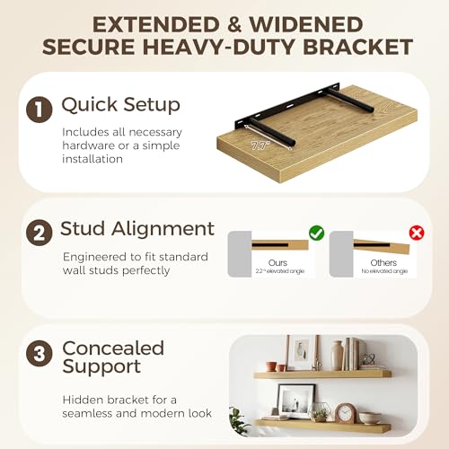 Image of Fun Memories 24 x 12 Inch Deep Floating Shelves, 12 Inch Deep Rustic Wooden Book Shelf, Extra Deeper & Thicker Hanging Shelves for Living Room, Bathroom, Bedroom, Kitchen, Office, Set of 2 (Oak)