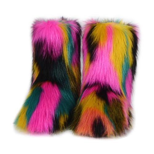 QMFUR Women's Furry Faux Fur Boots Knee High Snow Boots Fuzzy Fluffy Flat boot Winter Warm Fashion Boots (Multicolor-3, adult, women, numeric_8, numeric, us_footwear_size_system, medium)