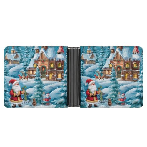 Snowman Gnome And Santas House Funny Men's Slim Bifold Wallet with Multiple Card Slots Front Pocket Purse